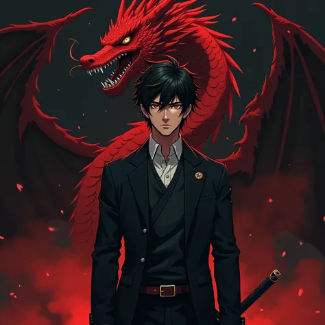 Anime man wearing Japanese school uniform in black and red tone, holding sword, cool hairstyle, handsome face, discreet, standing in front of dragon, black atmosphere