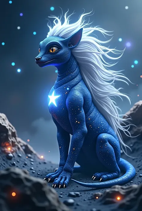 Alien creature, covered in stars, blue skin, white star on chest, white mane