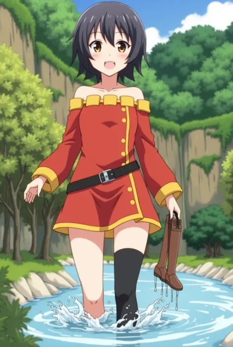 Megumin (konosuba), black chin long hair, red dress mit yellow edges, black belt, one black sock, wading through river, a pair dripping wet of long brown boots in the right hand 