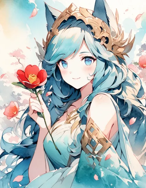 Generate images of Ahri, the League of Legends champion. She should strike a delicate pose and hold a camellia close to her face. a closeup of your face and a sensual and mysterious smile. There should be cherry blossom petals falling from the sky and came...