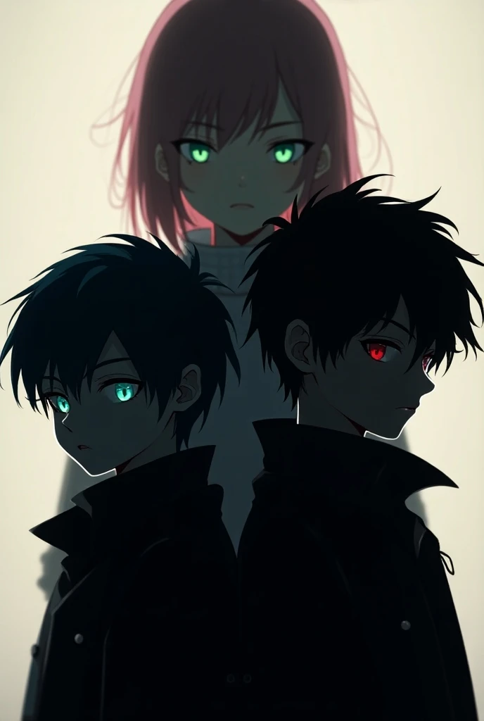 (the silhouette of the face of two boys ; , one with emerald green eyes with a flirty look with well-groomed jet-blue hair and the other with ruby eyes, a cold and intimidating look, a messy black hair with reddish locks and in the background the silhouett...