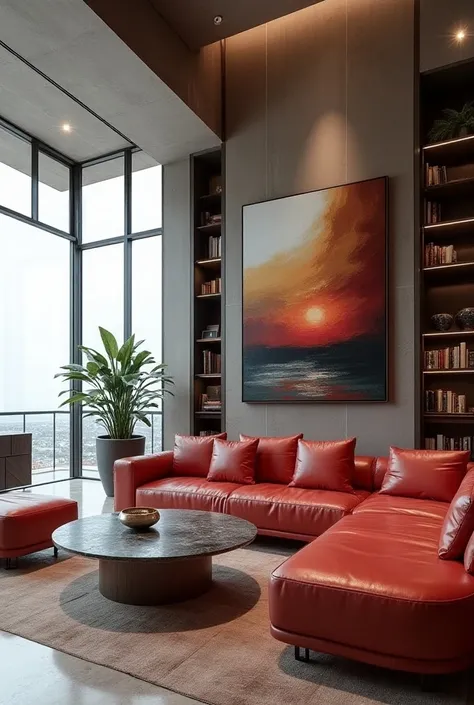  Living room of a loft ,  two-tone canvases on the walls ,  large bay windows overlooking the ocean {x} large bay windows overlooking the ocean {x} sofa leather ground level floor in the shape of a very comfortable red color,  ceiling heights ,  with plast...