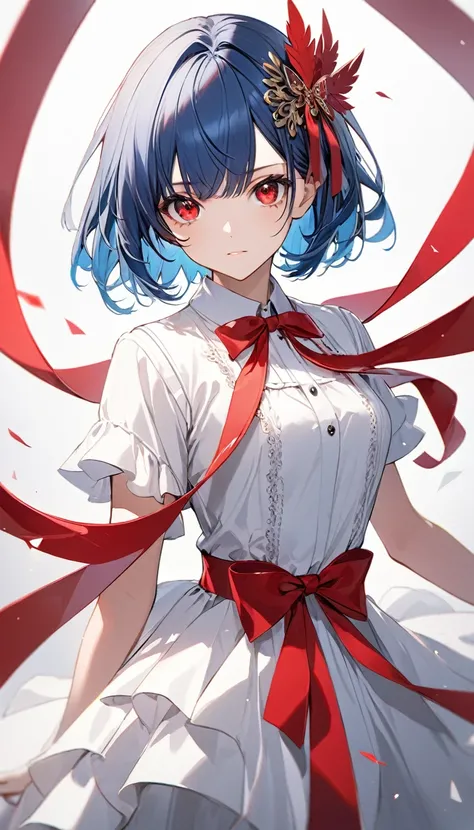 Very Long Hair, Ribbon, Blue Hair, Hair Ornament, Red Eyes, Short Hair, Looking at viewer, 1girl, angela