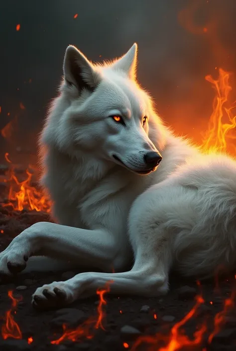 Silver wolf, blazing flames in the background,  sleeping on wolfs back,  lying on his back, smoke, wolfs eyes glowing, silver white coat is beautiful,  is soot on it,