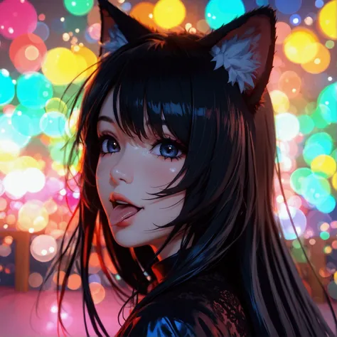 1girl, Long Hair, Black Hair, Cat Ears, Tongue, Simple background, Bokeh, 3D Rendering, 