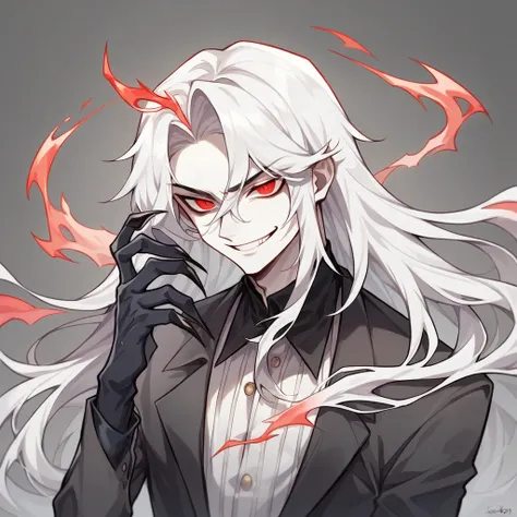 1boy, Long Hair, White Hair, Pale Skin, Sickly Skin, Red Eyes, Tall, Slender, Suit, Claw like hands, Black Fingers, Smile, 

often appears as a tall, slender man with an aura of otherworldly allure. His skin is pale, almost sickly, and his hair is long, bl...