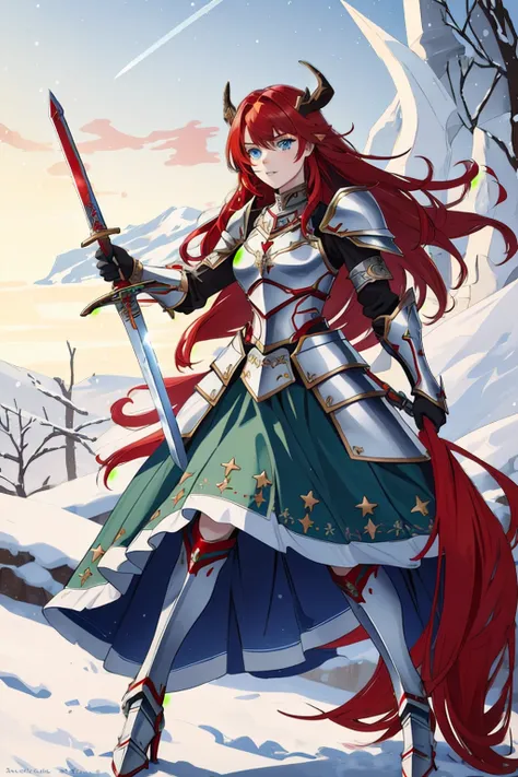 best quality, intricate details,  ((1girl, solo, small bust, green armo, ice sword, ice blade, full body, short hair, snow, stars, wielding a frozen sword, holding a sword, high heels, details, high relief, plate armor, carved rums, carved decoration)), 
1...