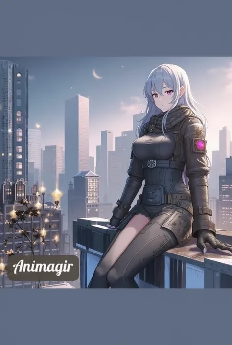   A long-haired and white elf woman with a fringe , she has a serious look and wears white clothes ,  with a pistol around her waist is sitting on top of a building with gray sky in the background Big breasts, purple eyes,  Side view, Anime, 