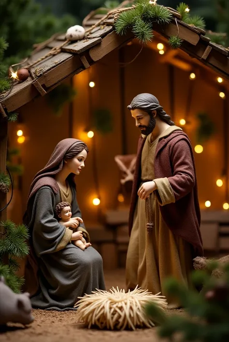  I need a Christmas crib with María and José , The donkey and the ox ,  the image with measures 80cm wide and 2 meters long, A mimados with Christmas decorations  