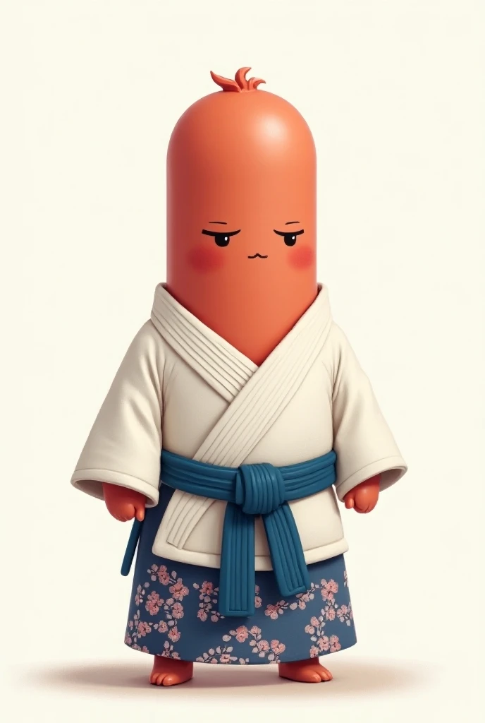 A judoka in the shape of a merguez in a kwaii kimono 
The kimono should be white or blue 
And the bottom either a Japanese Tori or Japanese cherry trees 