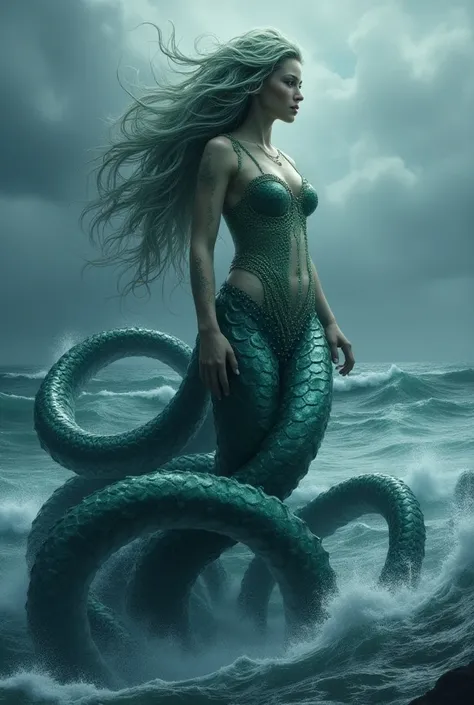 Prompt: Create an image of a mesmerizing kraken-siren hybrid, combining the alluring beauty of a siren with the formidable power of a kraken. This creature should have the upper body of a siren, with flowing hair that resembles seaweed and shimmering scale...