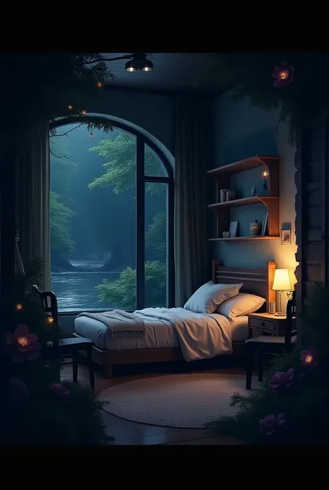 In a room near a  forest  tones, with many flowers, there is a bed, two chairs, a shelf and a mirror. It&#39;s night outside and you can see a river.