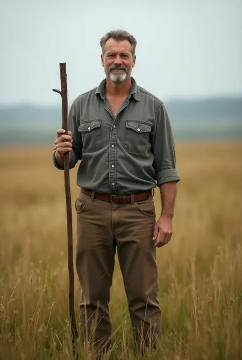 a man standing in a field holding a stick, blockchain, local foods, car commercial photograph, australian, masculine and rugged, npc, feed troughs, amicable, cultivator, white male, greybeard, masculinity, commercially ready, worksafe