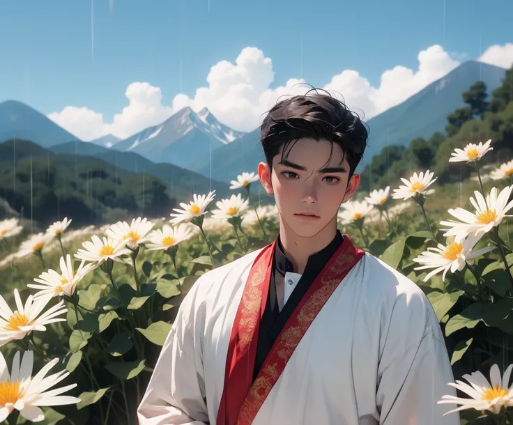 somman, 1male,handsome male,upper_body,spider lily,red flowers,rain,sky,mountain,looking_at_viewer, 
wear traditional costume, 