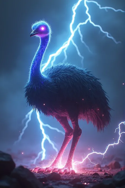  An electric ostrich in an aggressive and threatening posture in the middle of a dark storm .  His body is covered with plague black and dark gray that seem to be loaded with electricity ,  with blue and purple flashes that run through its figure like rays...