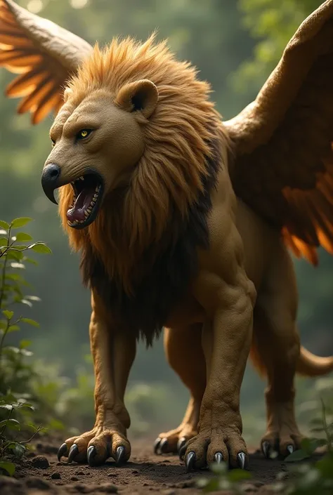  A ferocious creature resulting from the fusion of a lion and an eagle ,  combining best features of both animals .  Its body is powerful and muscular like that of a lion ,  with a golden coat and an imposing mane ,  but its enormous and detailed wings ,  ...