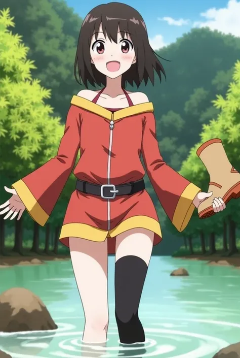 Megumin (konosuba), black chin-length hair ,  strapless dress with yellow edges and yellow collar ,  black belt,  a long black sock ,  wades knee-deep through a river ,  in the right hand a pair of light brown boots with ochre cuff and sole 