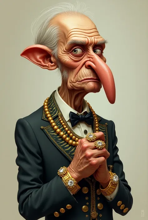 A slender and jeweled old greedy millionaire, in full body, caricature style
