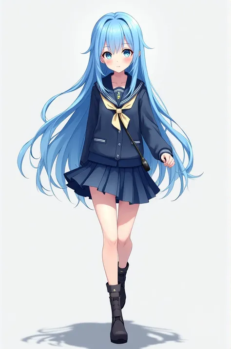 girl with light blue hair ,  long and smooth
Bright blue and blue eyes, Walking
With the uniform of Ua 