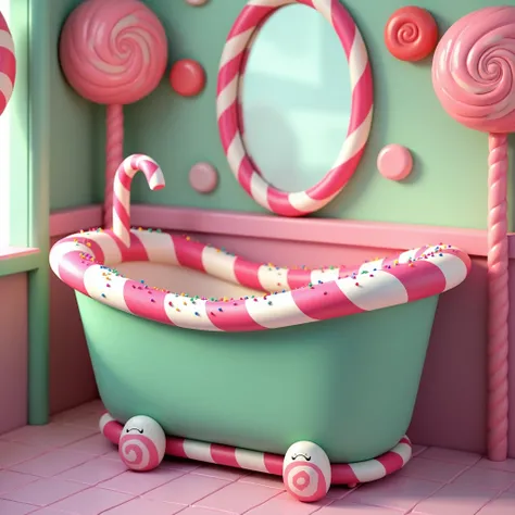 Create an image of a bathtub inspired by Vanellope von Schweetz from Wreck-It Ralph, designed with a whimsical, candy-coated theme. The tub itself has a mint-green base color to match Vanellope’s hoodie, with pink and white candy-cane-style stripes wrappin...