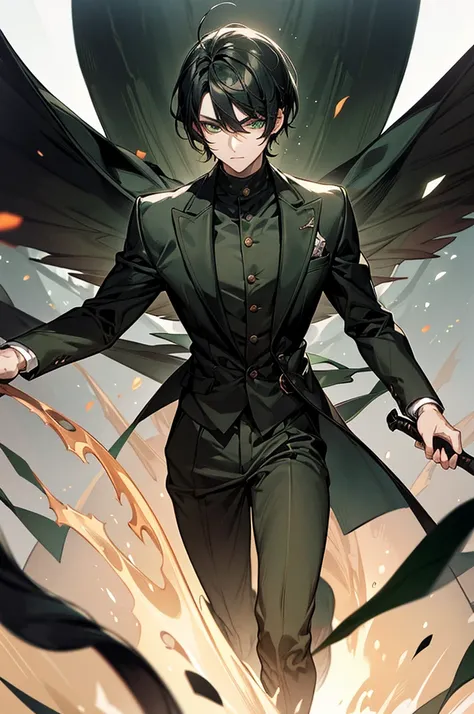 1 man, young, neutral face, black hair, middle part hair style, green eyes, noble suit, black blade, demonic eyes of a beast in the background, looking at viewer, surrounded in a lushes forest