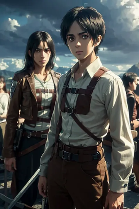 "Using Anime Style Realistic Model and Anime to Real LoRA, create a 3D rendering of Eren Yeager and Mikasa Ackerman from Attack on Titan. Retain their anime-style facial features with large expressive eyes, intense emotions, and sharp details, but adapt th...