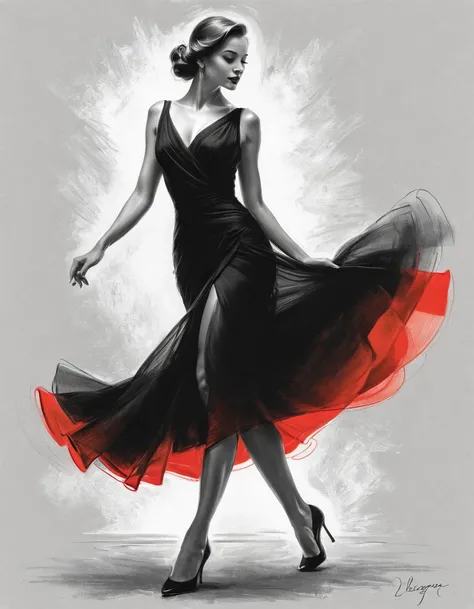 charcoal drawing, black pencil, Pencil drawing, line drawing, elegant beautiful woman in flowing tango dress (her silhouette outlined in glowing red). Walking towards the viewer. (Vladimir Volegov style: 1.1). (her silhouette outlined in glowing red). red ...