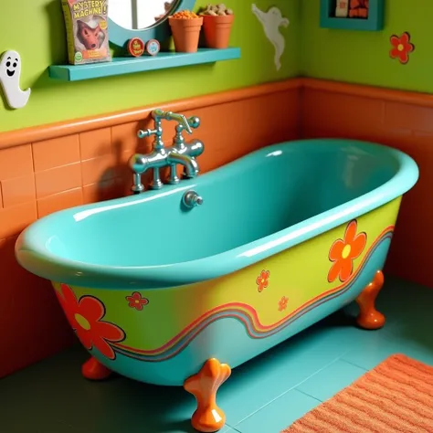 Create an image of a bathtub inspired by the Mystery Machine from Scooby-Doo. The tub is painted in the vans iconic teal-blue color with bright orange flowers and groovy patterns along the sides, capturing the retro, 70s style. The rim of the tub has bold,...