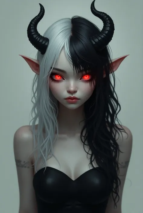  Create a Tifflin woman with half gray hair, red eyes, Small upturned horns and gray skin ,  create as pictured .Full body portrait,