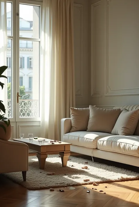 a cozy living room that has been ransacked. light parquet floor, white couch beige cushions. and carpet under the living room table in a masionette apartment, table is broken, glasses are on the floor, and the sofa cushions are broken