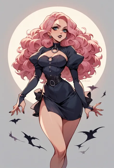 1 girl, human, sexy body , Medium-large ass,  medium boobs, thin waist, pink hair,  curly hair,long hair ,witch, gothic