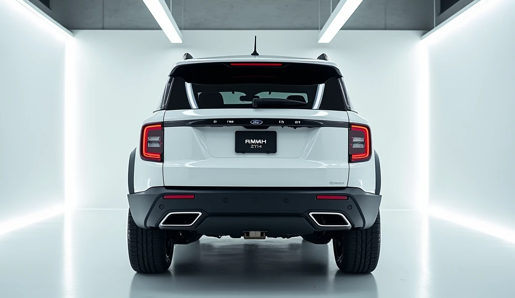 A photo of a white 2025 ford bronco sport. parked in the middle of a bright, modern gallery with smooth, reflective floors. The car is displayed from the back. the tube lights light are reflecting on the car and makings line on the car. The gallery has a m...