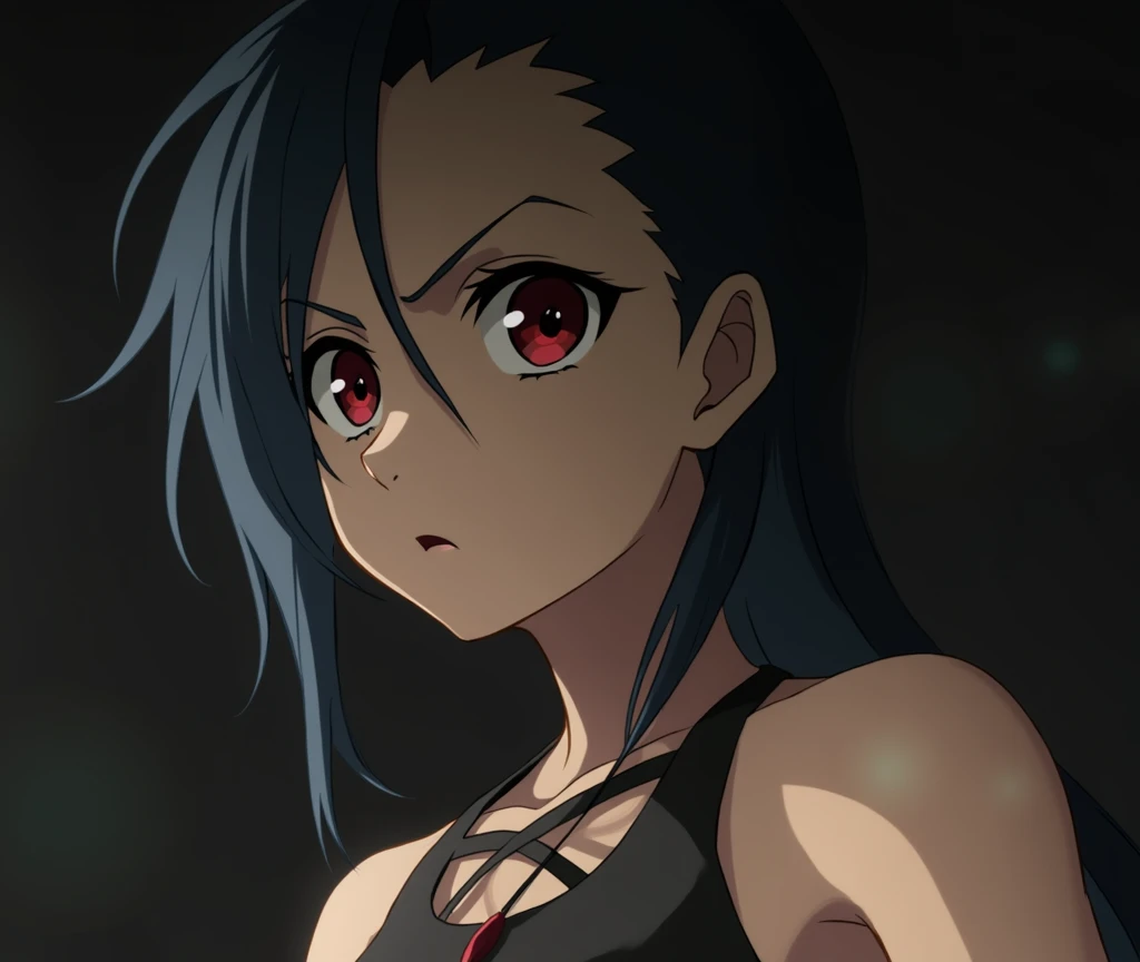  The image shows a close up of the face of a female character with a dark and intense appearance.  She has dark blue hair and a serious expression ,  with bright red eyes that convey a sense of determination and danger .  The dark and contrasting lighting ...