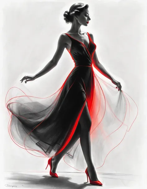 charcoal drawing, black pencil, Pencil drawing, line drawing, elegant beautiful woman in flowing tango dress (her silhouette outlined in glowing red). Walking towards the viewer. (Vladimir Volegov style: 1.1). (her silhouette outlined in glowing red). red ...