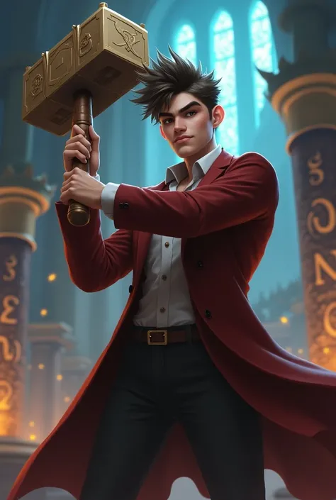 A rich young man with a hammer in the style of the game League of Legends