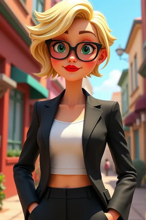 Fait un personnage Pixar : She is 49 years old  , elle mesure 163cm,  blond hair with blonde locks , la peau clair, green eyes,  a haircut like Shenron Stone ,  red lipstick ,  she wears a black suit jacket with a white T-shirt {x} she wears a black suit j...