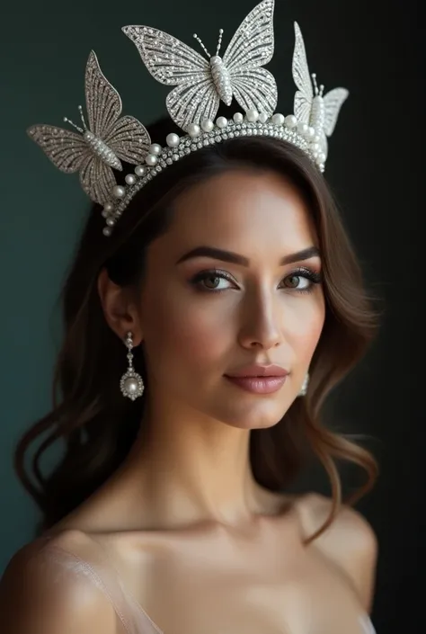 
The woman who won miss universo wears a crown like this
Crown structure: Imagine an elegant circular crown frame, small or some may have an open-sided design.  (semi-open) To make it look stylish and not too opaque
There are decorative butterflies.

pearl...