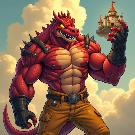  A huge red muscular crocodile furry jock with yellow glowing eyes without pupils in black metal bracelets, wearing yellow pants, he holds a fortress in his hands above his head against the background of a cartoon-style savvana 