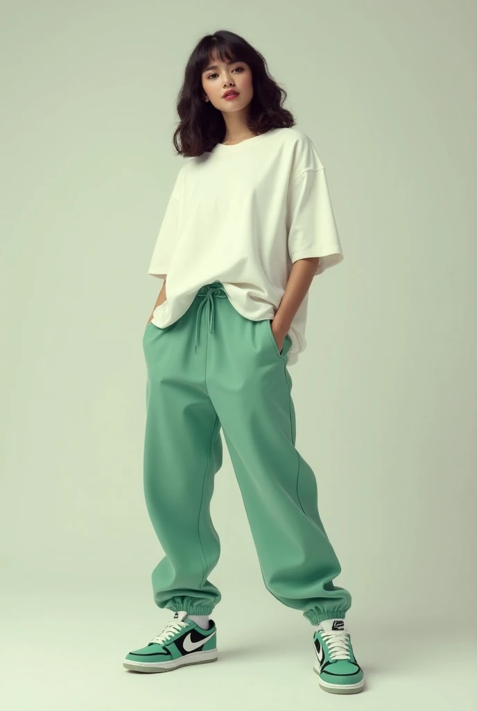 women with oversized pants ,  Nike Dunk Low green shoes with white and an oversized t-shirt 
