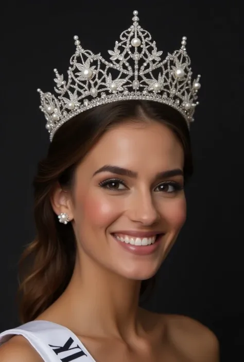 
The woman who won miss universo wears a crown like this
Crown structure: Imagine an elegant circular crown frame, small or some may have an open-sided design.  (semi-open) To make it look stylish and not too opaque
There are decorative butterflies.

pearl...