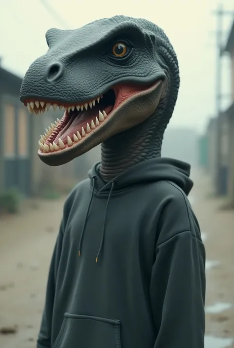 A boy with the head of a black dinosaur with the body of a human wearing a sweatshirt 