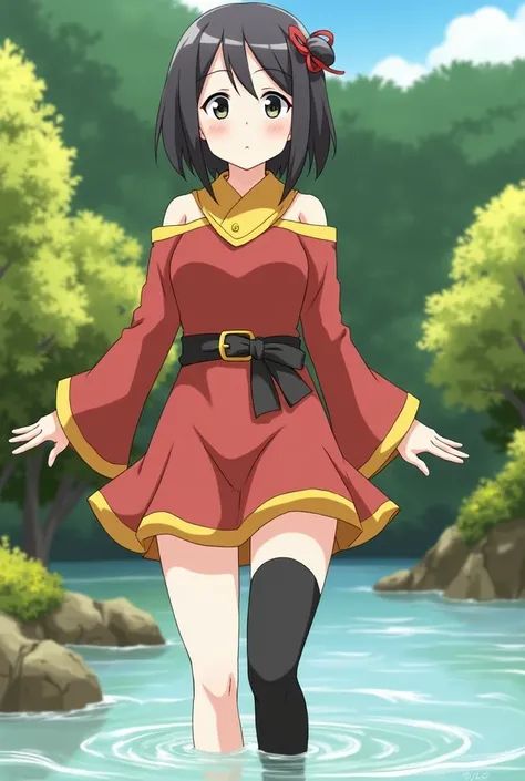 Megumin (konosuba), black chin-length hair , strapless red dress with yellow edges and yellow collar,  black belt,  a long black sock ,  wades knee-deep through a river , The right foot with reddish brown boot with dull yellow cuff and sole stands on a roc...