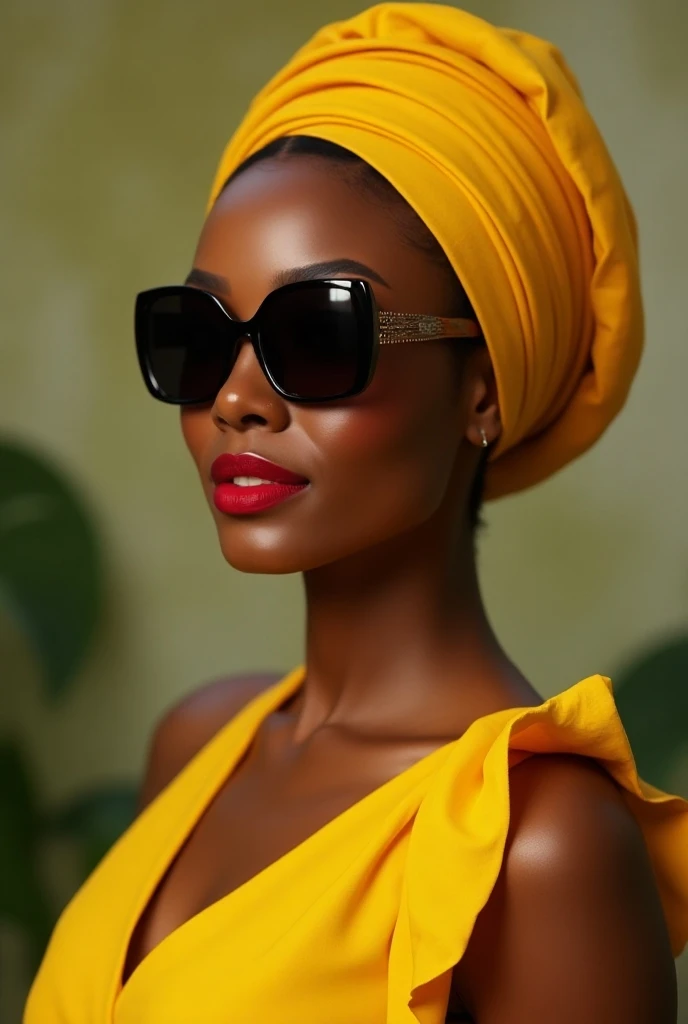 (photorealism:1.2), beautiful woman, black, wearing doek, classy sunglasses, red lipstick, yellow summer top, facing right