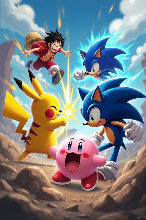 Pikachu fighting Sonic while Kirby absorbs monkey D Luffy