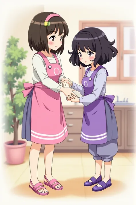 Two little brunette girls one with short hair half blonde fringe apron with the letter O pink in pink sandals and the other with big hair Moreno with apron with a purple one and a purple sandal