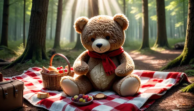 Teddy bear picnic, cleared out area in forest, red and white picnic blanket, picnic basket, happy, light coming through the trees, High Resolution, Masterpiece, Best Quality, Award Winning, High Quality, High Details, Super Detailed, UHD, Retina, Textured ...