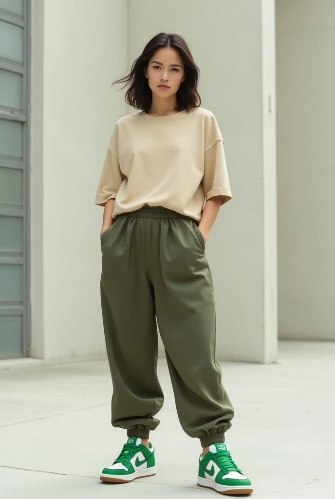 women with oversized pants , Nike Dunk Low green shoes with white and an oversized beige t-shirt
