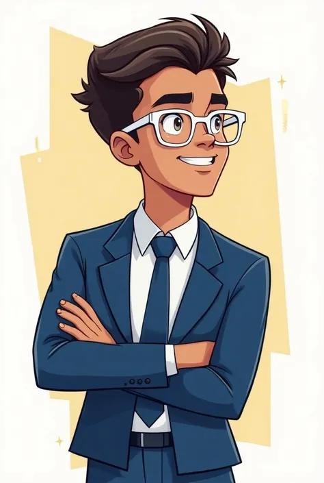  generates a nn logo with a LOL-style anime character ,  young Venezuelan man wearing white frame lenses , brown hair, dark skin and blue lawyer suit  