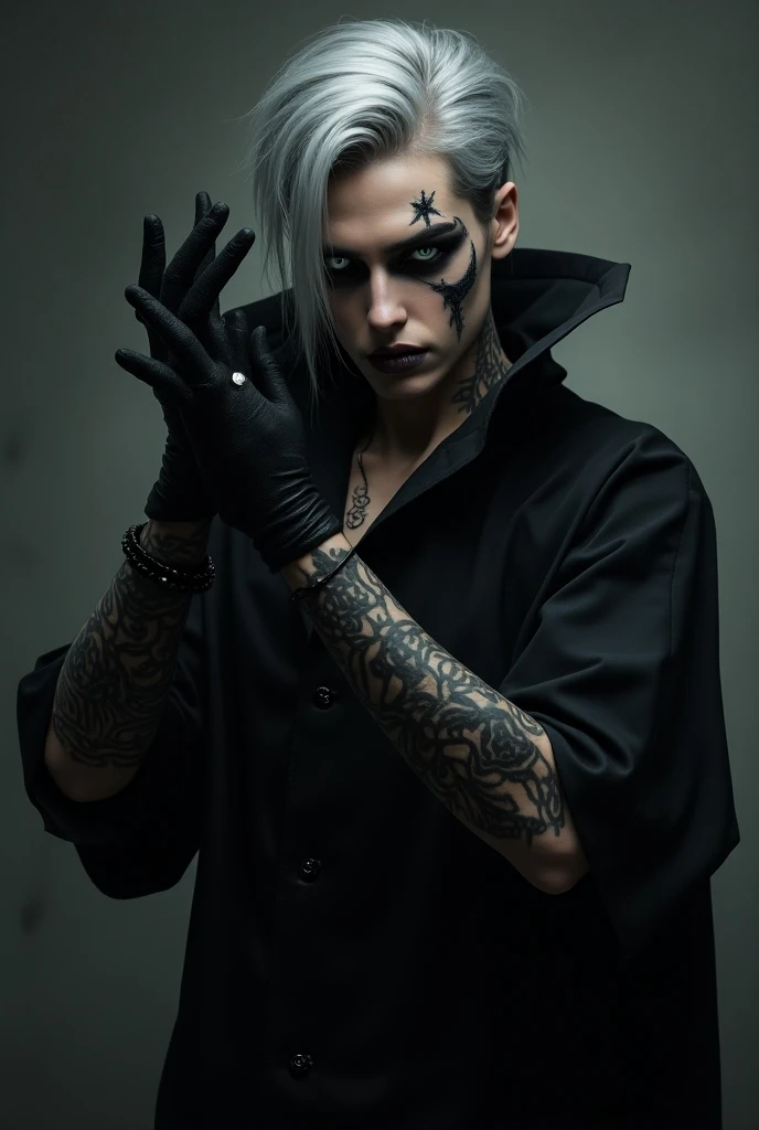 Calculate, 27 years old, gray hair, Black occultists clothing,  White eyes, black tattoos, ready-made gloves. cold look.