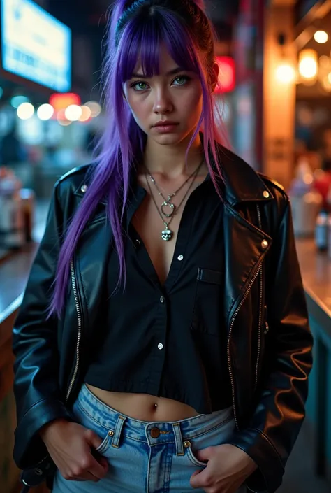 Professional Photography, realistic, taken from the front , Photo of an English woman , 18 years old,  she has long and straight purple hair with a basic fringe with her hair tied In a half-loose ponytail,  she has basic makeup ,  she is wearing a black bl...